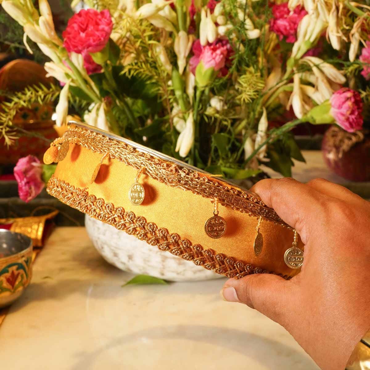 Yellow Gold Coins Karwa Chauth Thali Set