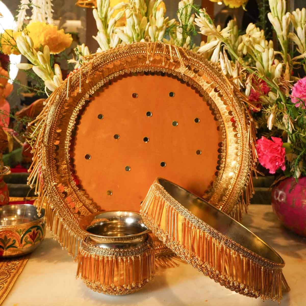 Yellow Tassles Mirror Karwa Chauth Thali Set