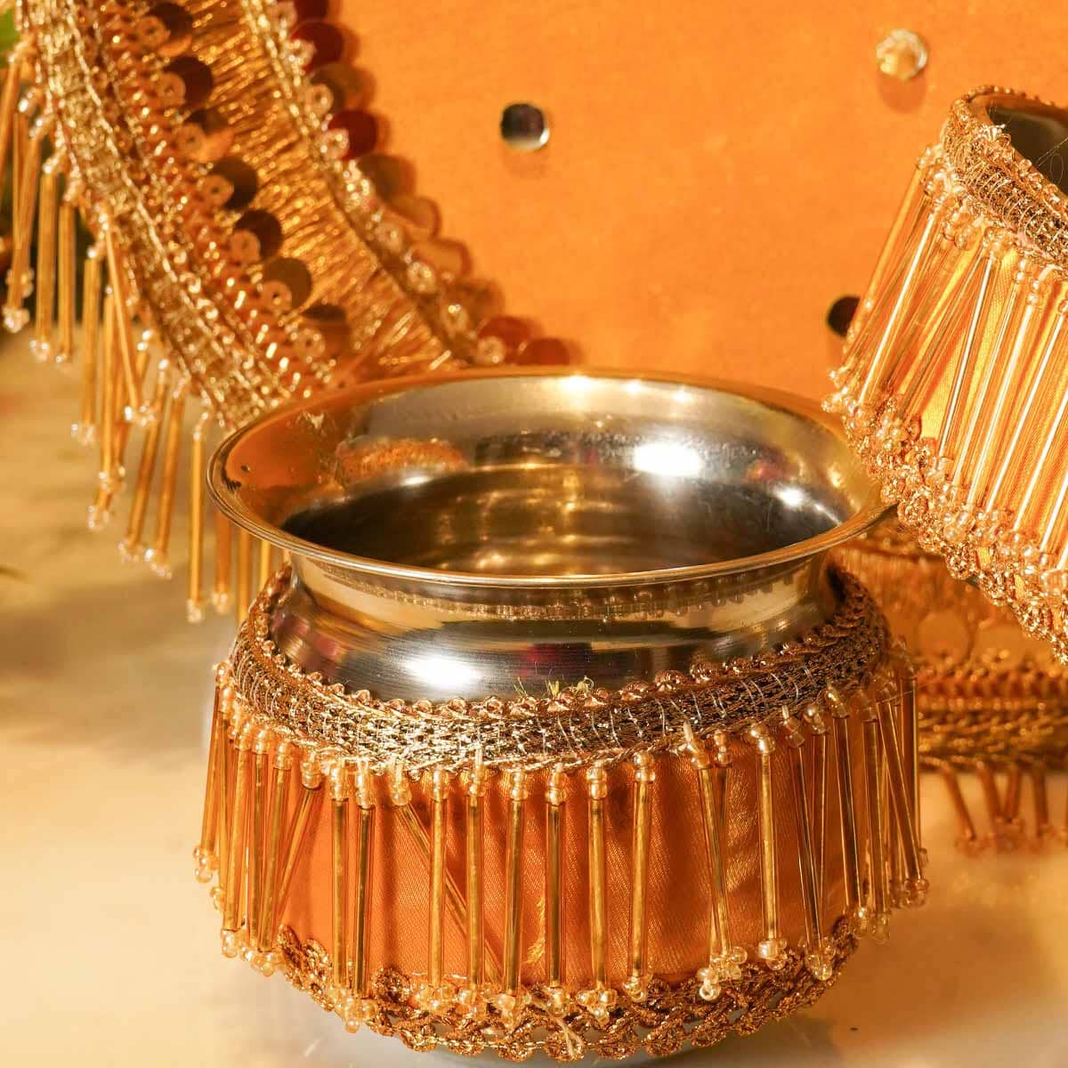 Yellow Tassles Mirror Karwa Chauth Thali Set