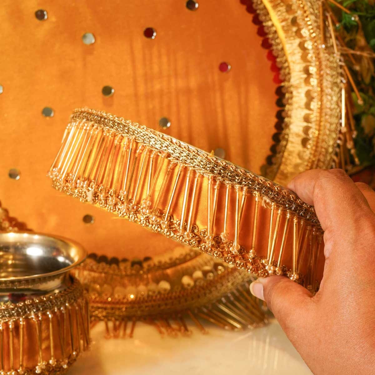 Yellow Tassles Mirror Karwa Chauth Thali Set