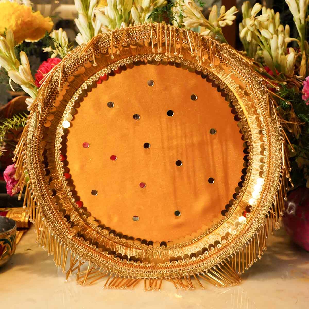 Yellow Tassles Mirror Karwa Chauth Thali Set