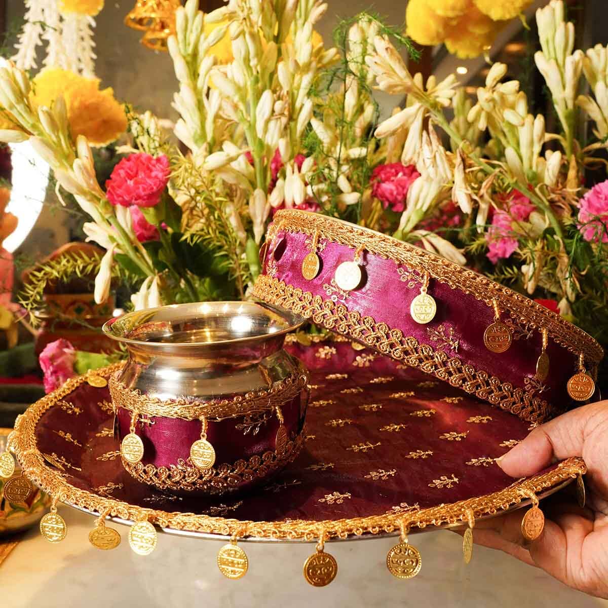 Maroon Gold Coins Karwa Chauth Thali Set