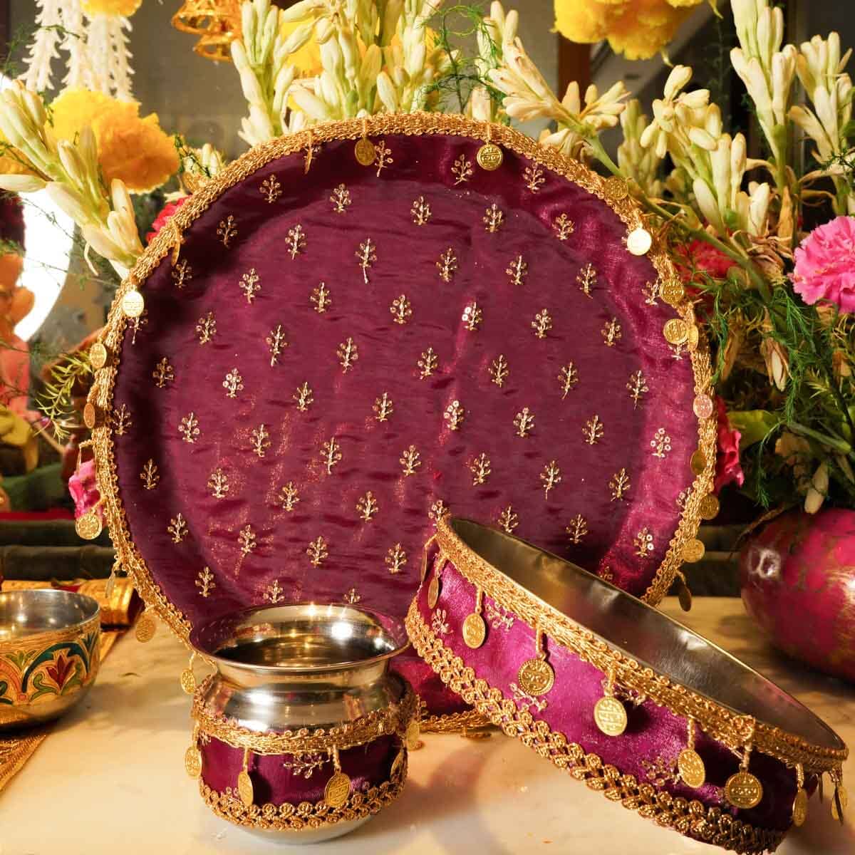 Maroon Gold Coins Karwa Chauth Thali Set