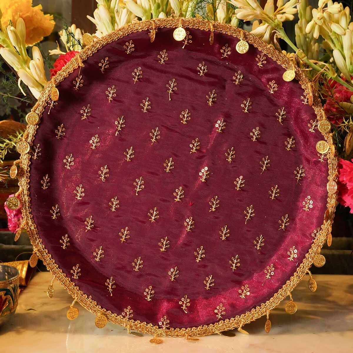 Maroon Gold Coins Karwa Chauth Thali Set