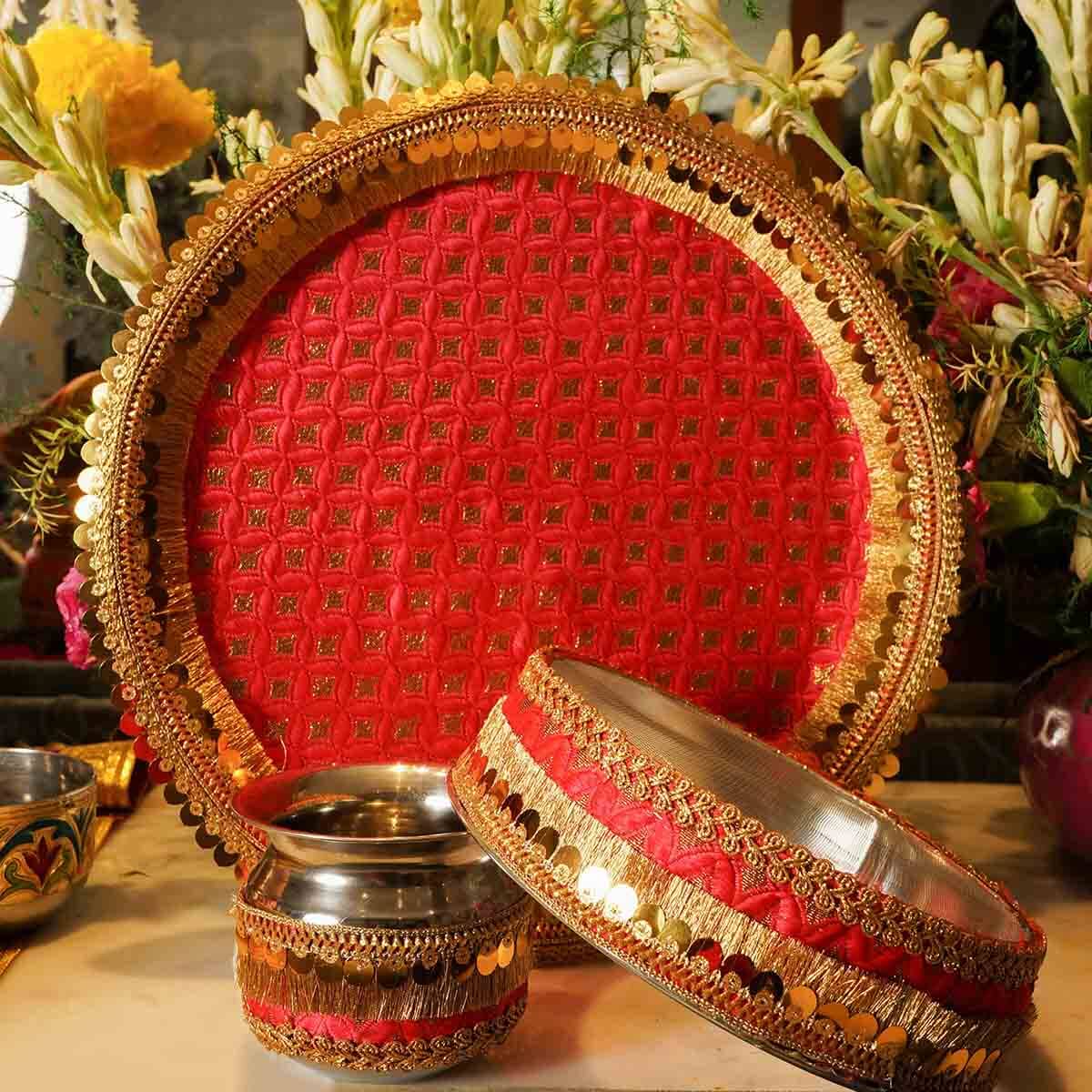 Red Sequin Karwa Chauth Thali Set