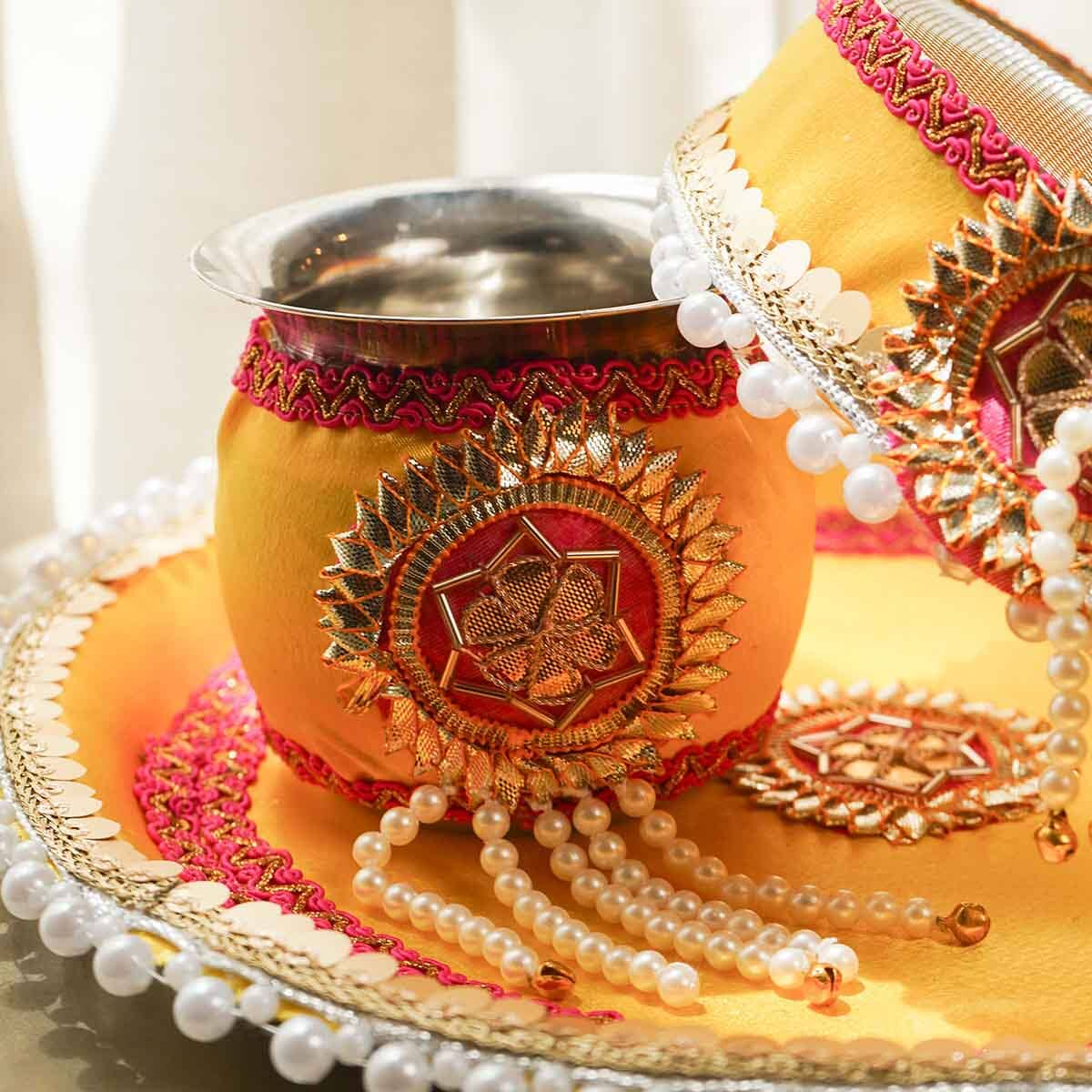 Yellow Red Gota Karwa Chauth Thali Set