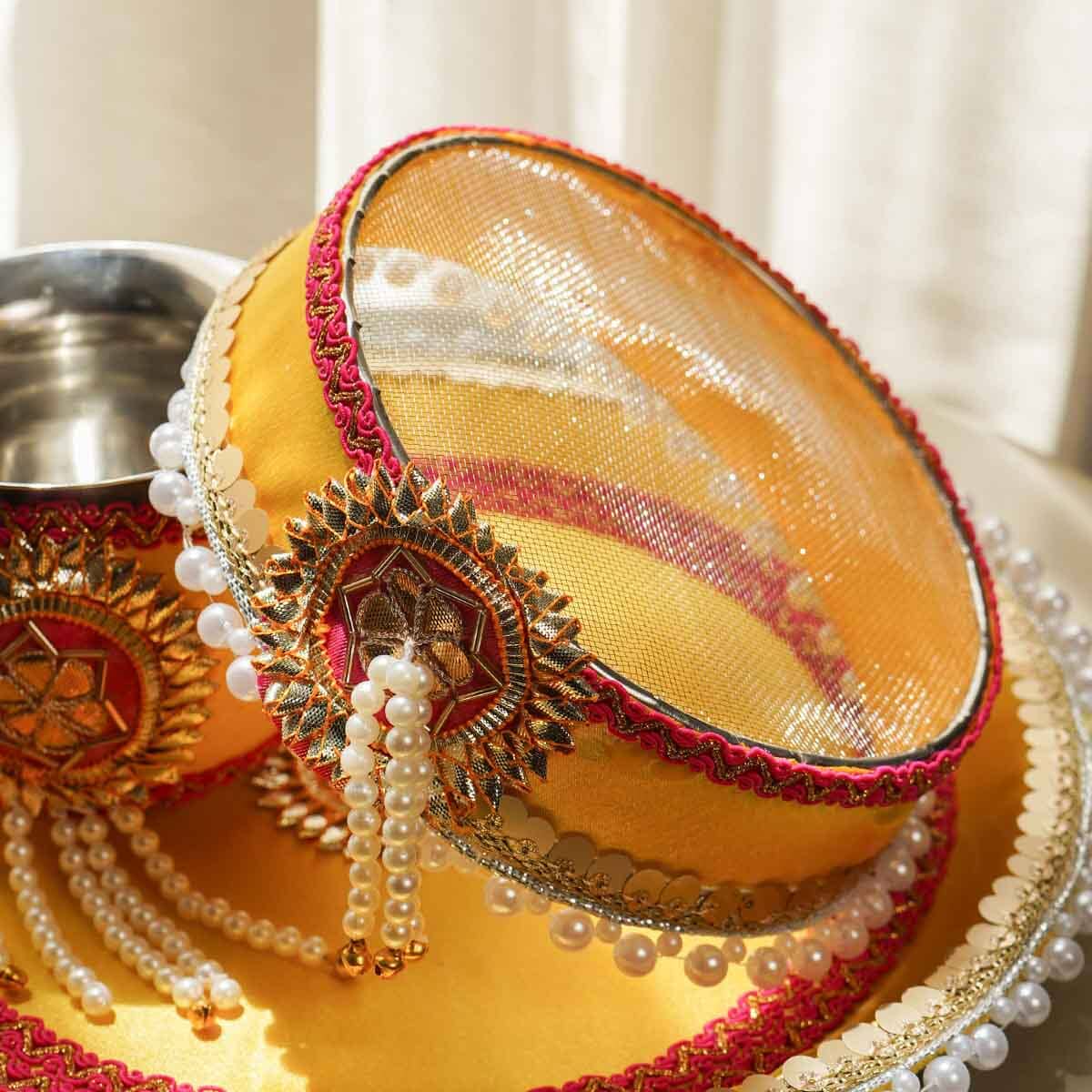 Yellow Red Gota Karwa Chauth Thali Set