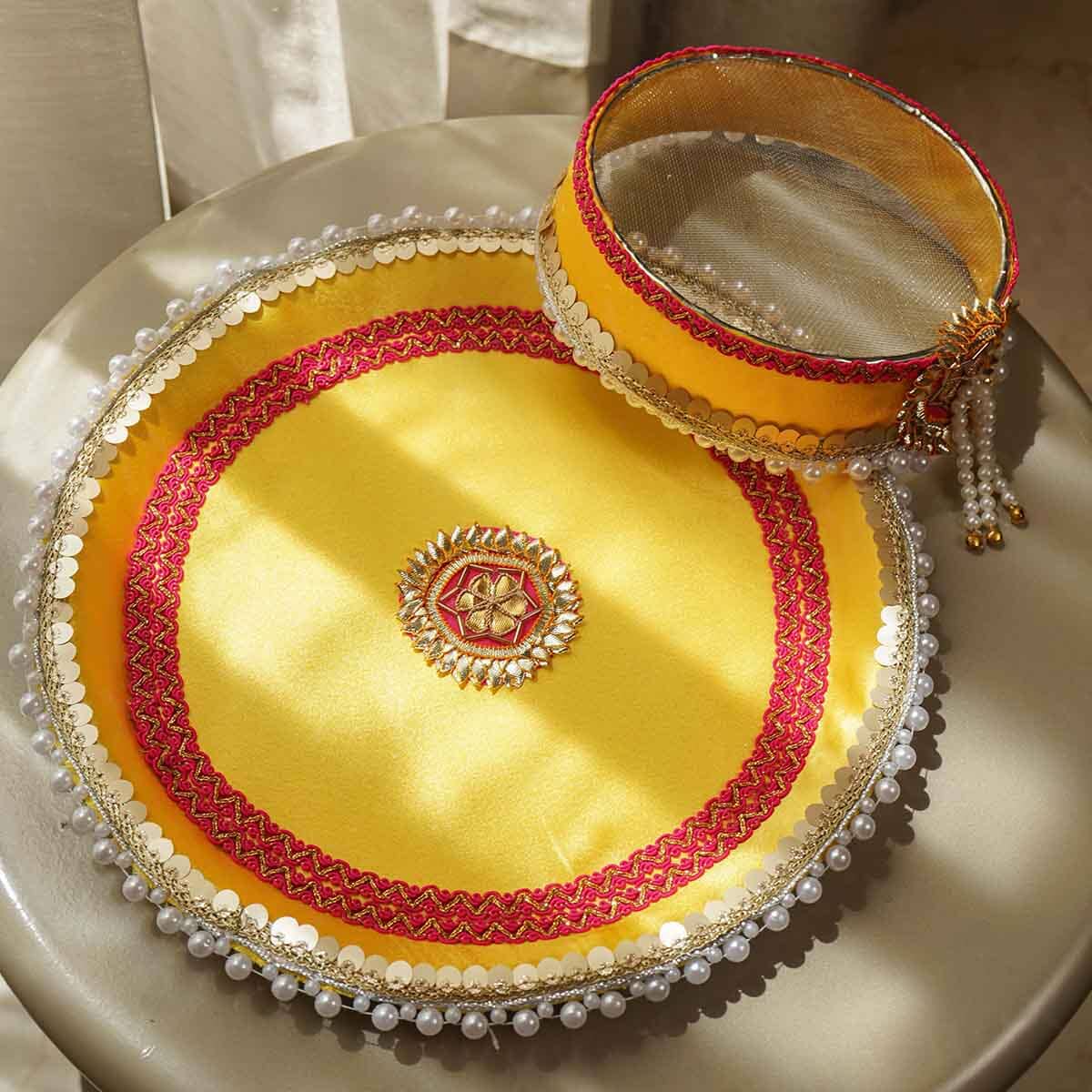 Yellow Red Gota Karwa Chauth Thali Set