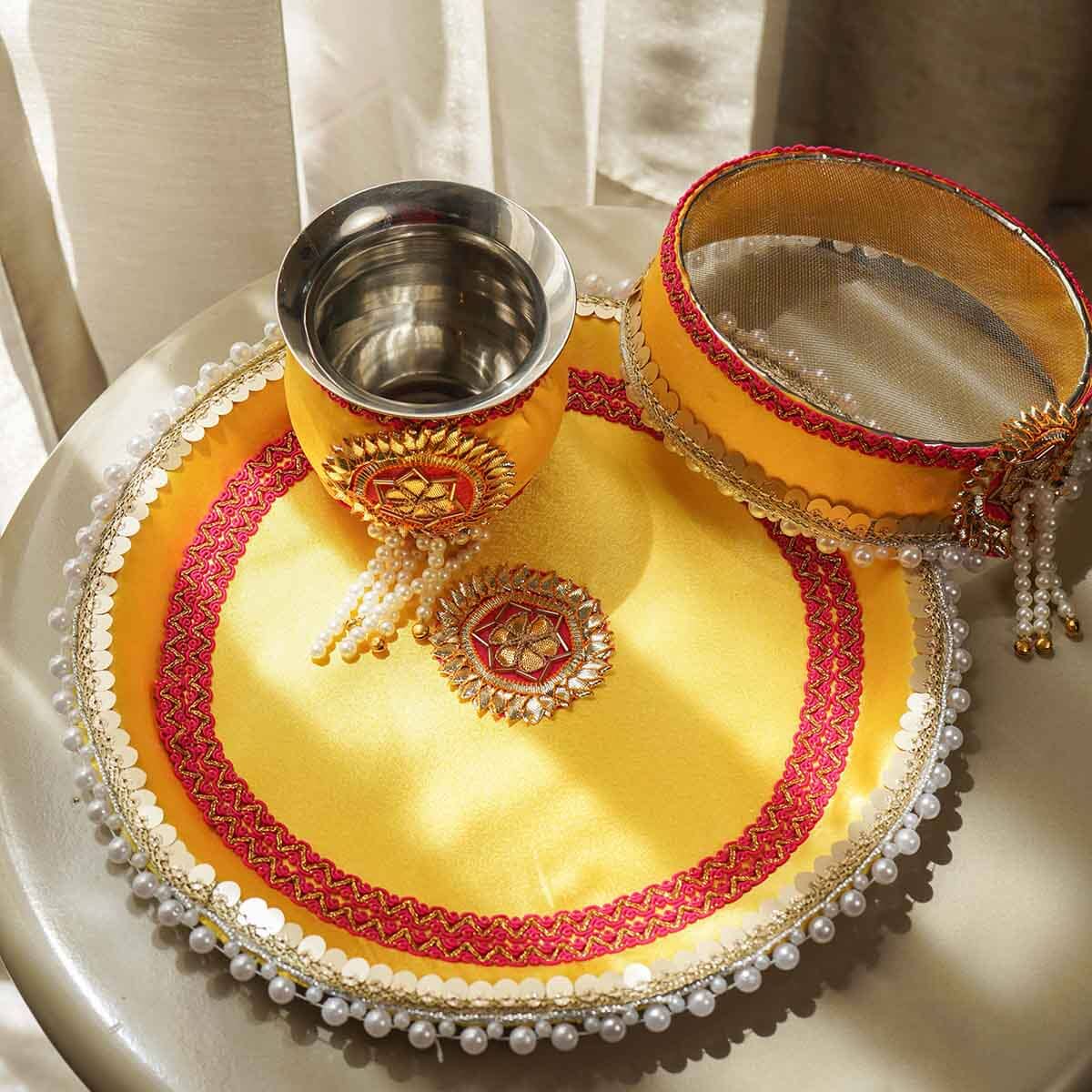 Yellow Red Gota Karwa Chauth Thali Set