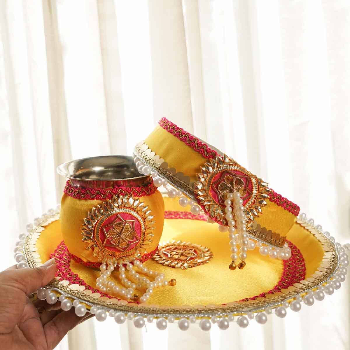 Yellow Red Gota Karwa Chauth Thali Set