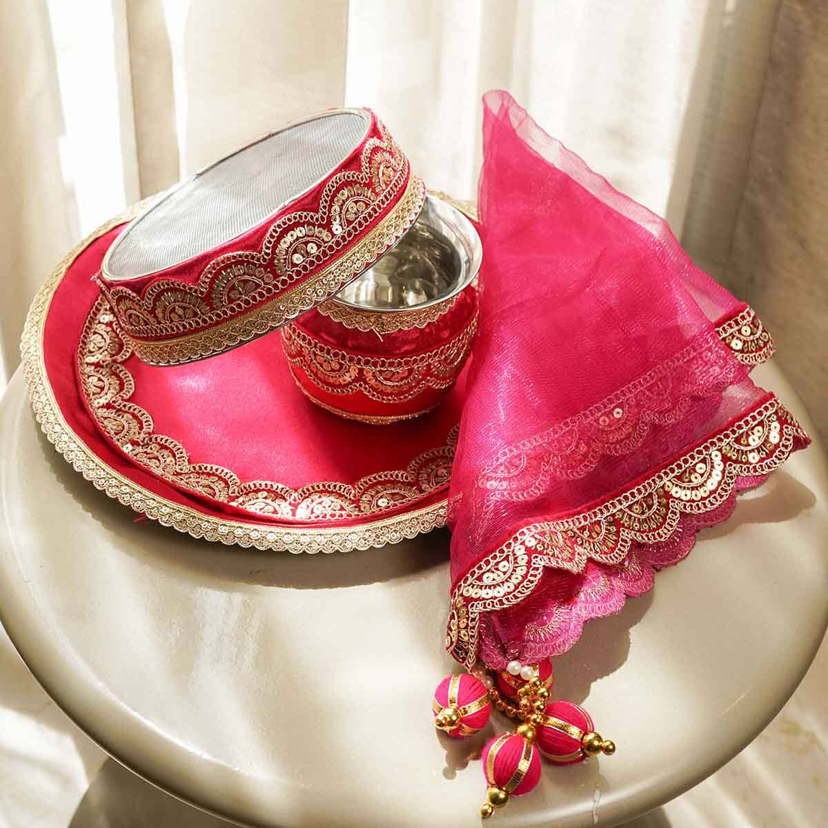 Bridal Pink Karwa Chauth Thali Set with Cover