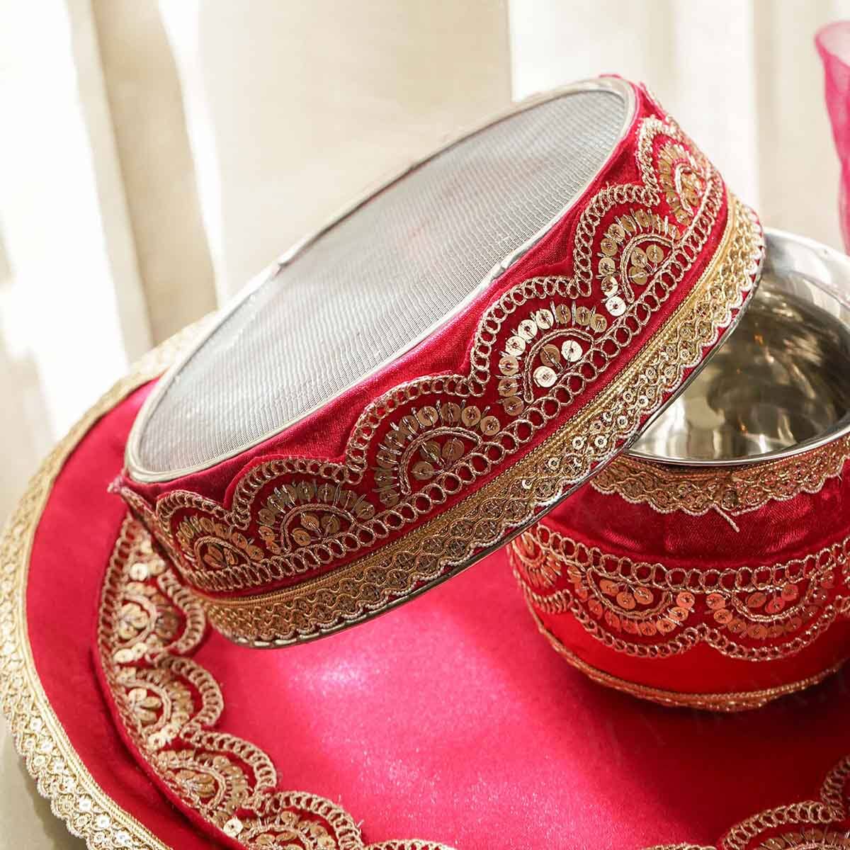 Bridal Pink Karwa Chauth Thali Set with Cover