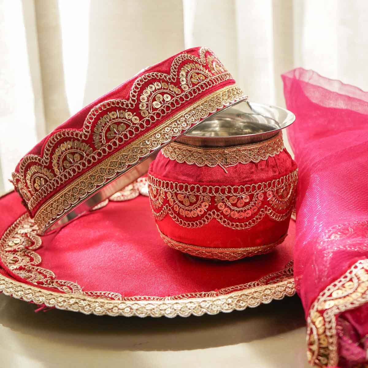 Bridal Pink Karwa Chauth Thali Set with Cover
