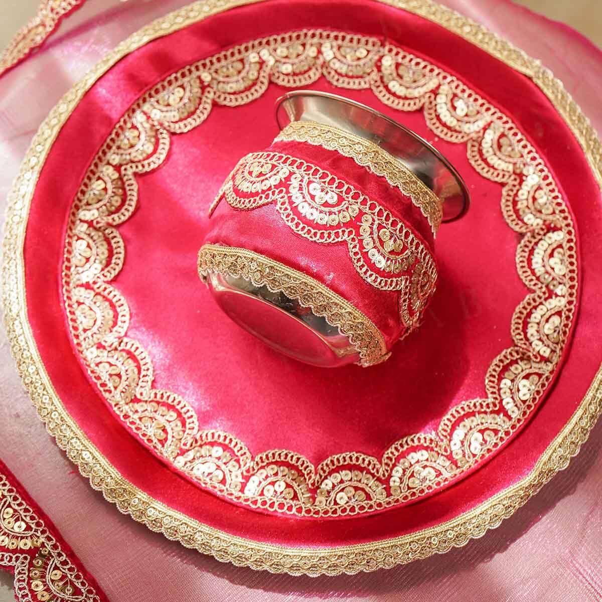 Bridal Pink Karwa Chauth Thali Set with Cover