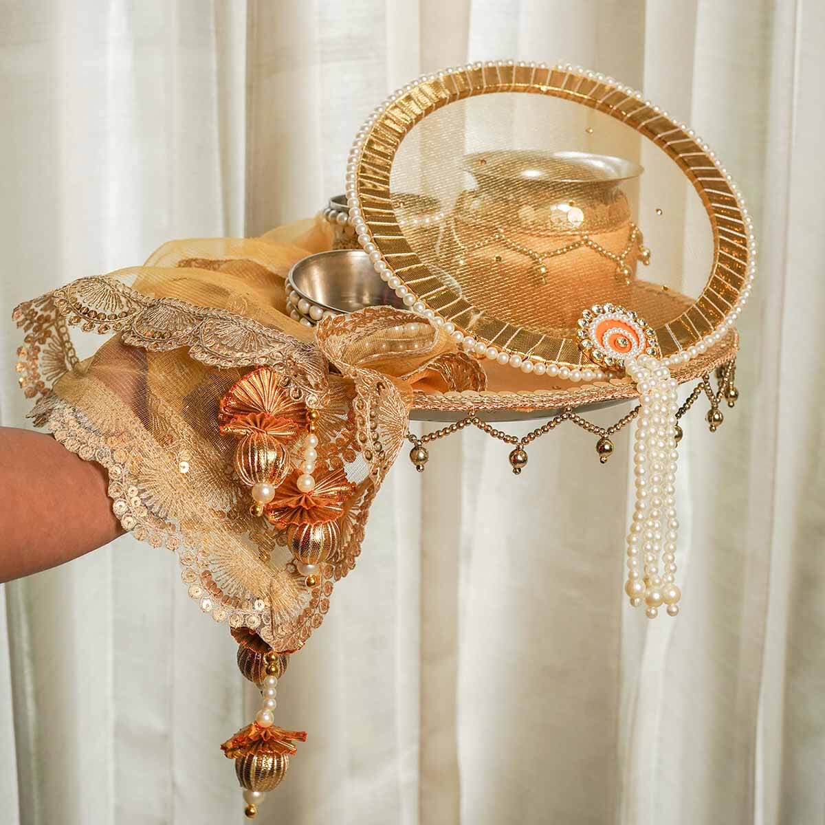 Gold Lace Karwa Chauth Thali Set with Cover