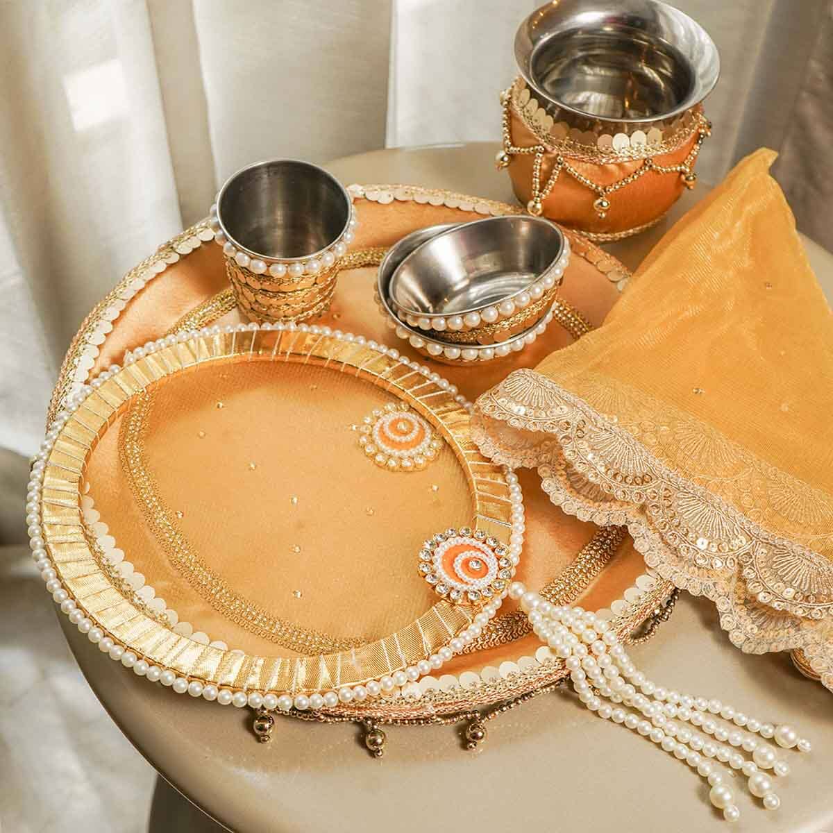 Gold Lace Karwa Chauth Thali Set with Cover