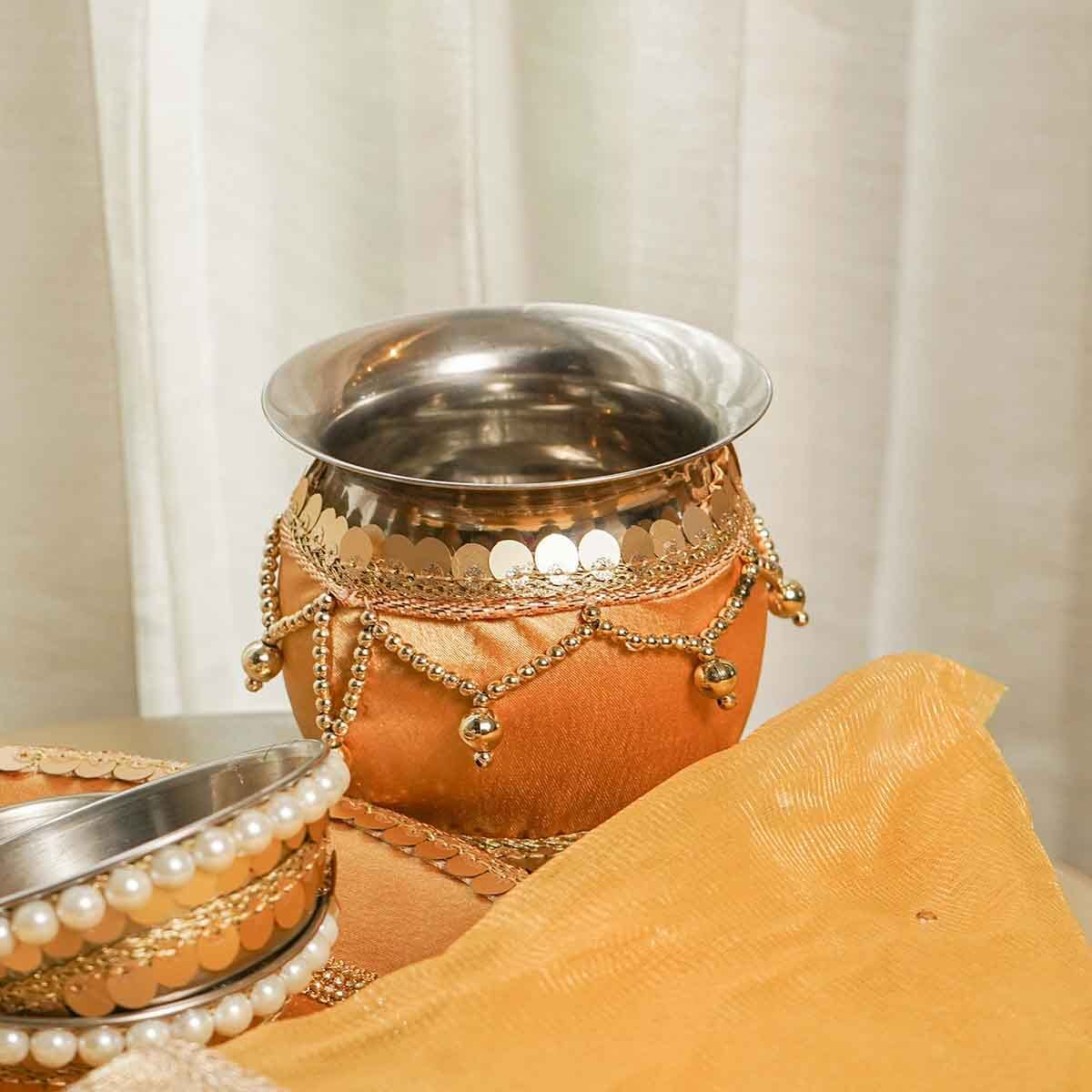Gold Lace Karwa Chauth Thali Set with Cover