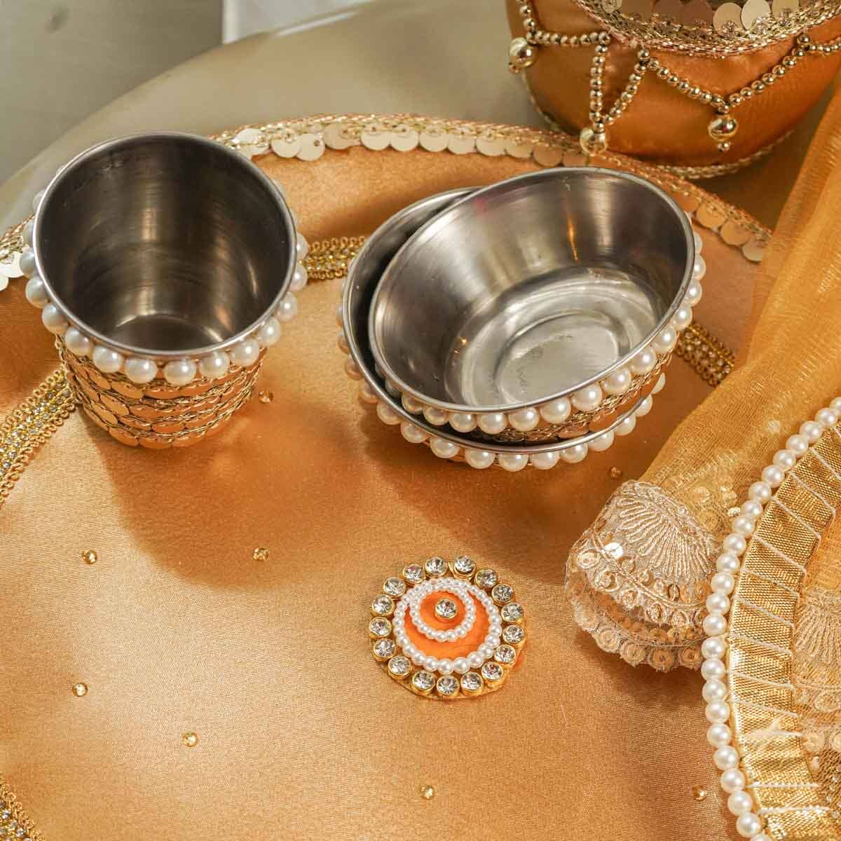 Gold Lace Karwa Chauth Thali Set with Cover