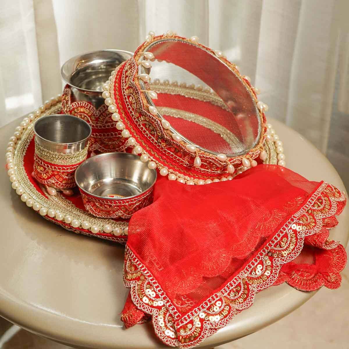 Red Lace Karwa Chauth Thali Set with Cover