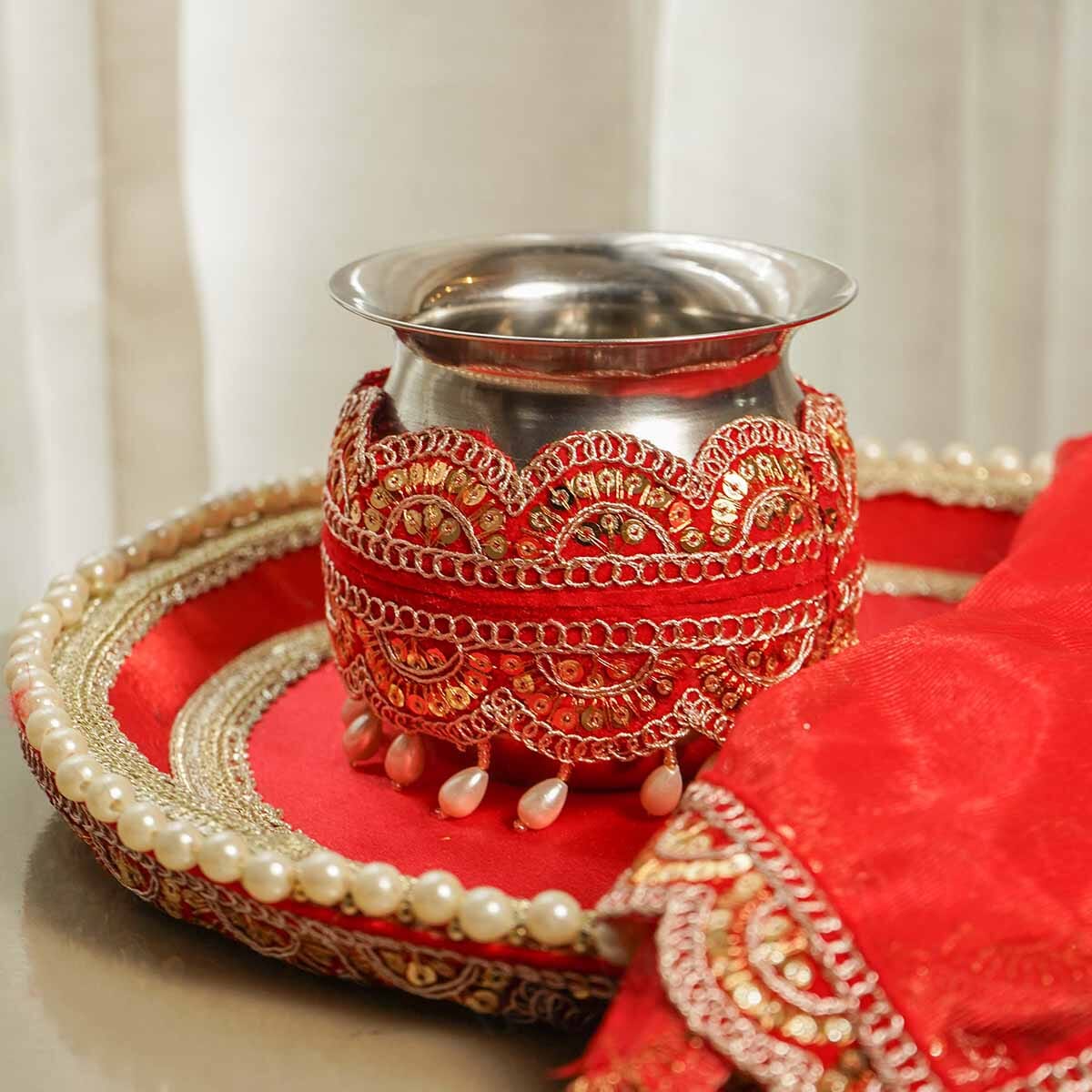 Red Lace Karwa Chauth Thali Set with Cover