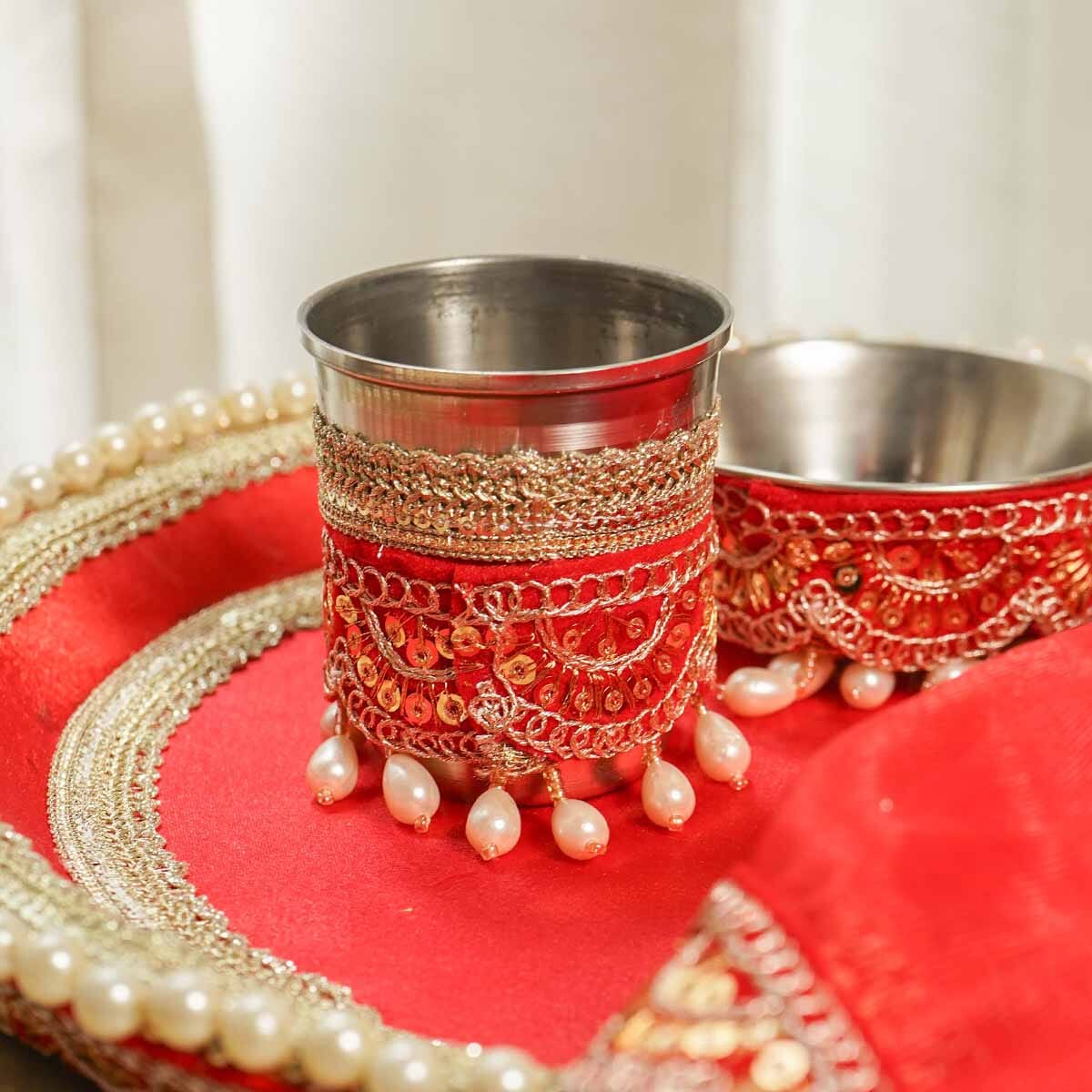 Red Lace Karwa Chauth Thali Set with Cover