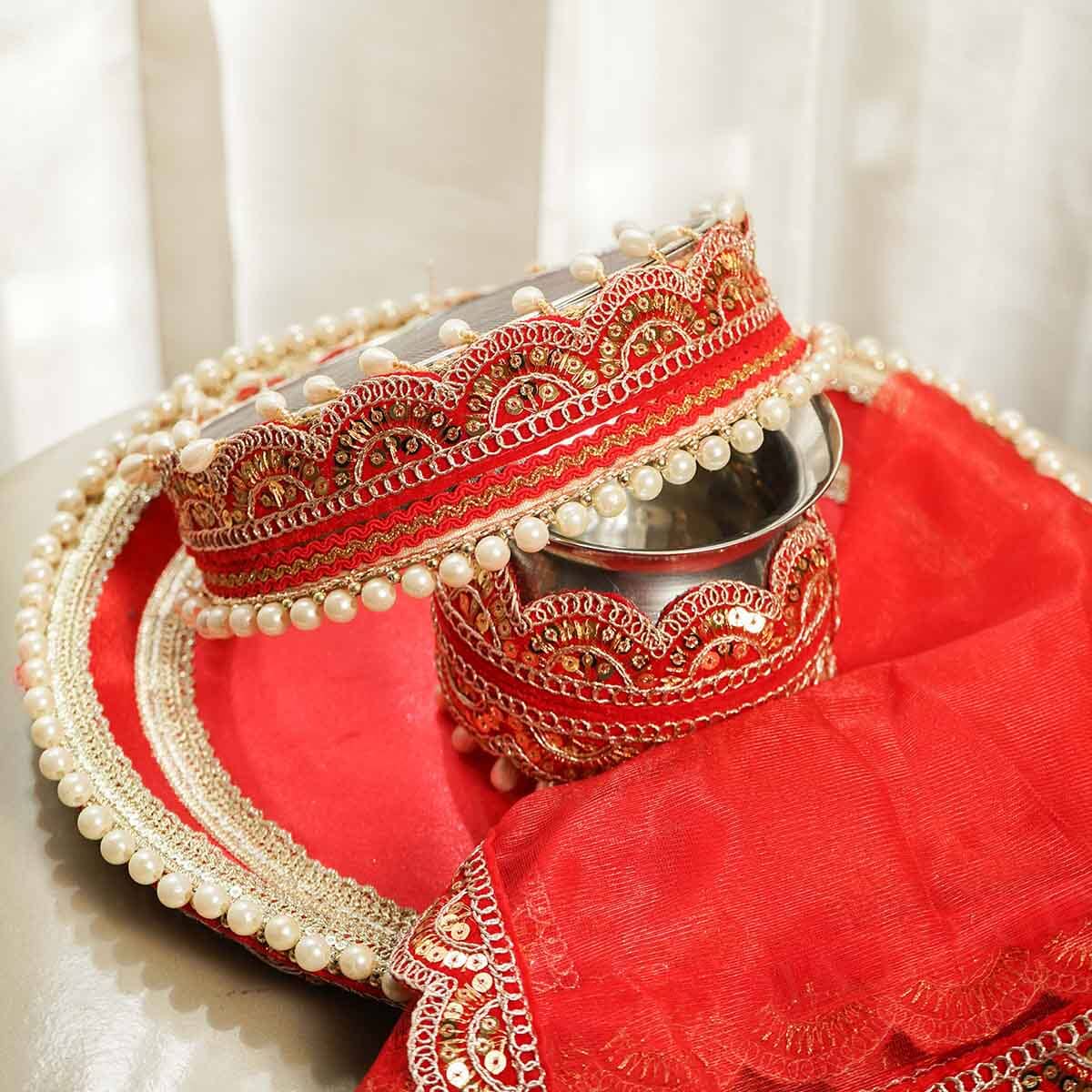 Red Lace Karwa Chauth Thali Set with Cover