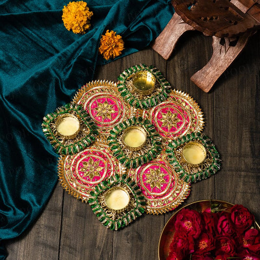 Lush Leaves Green & Pink Tea Light Candle Holder Rangoli Mat
