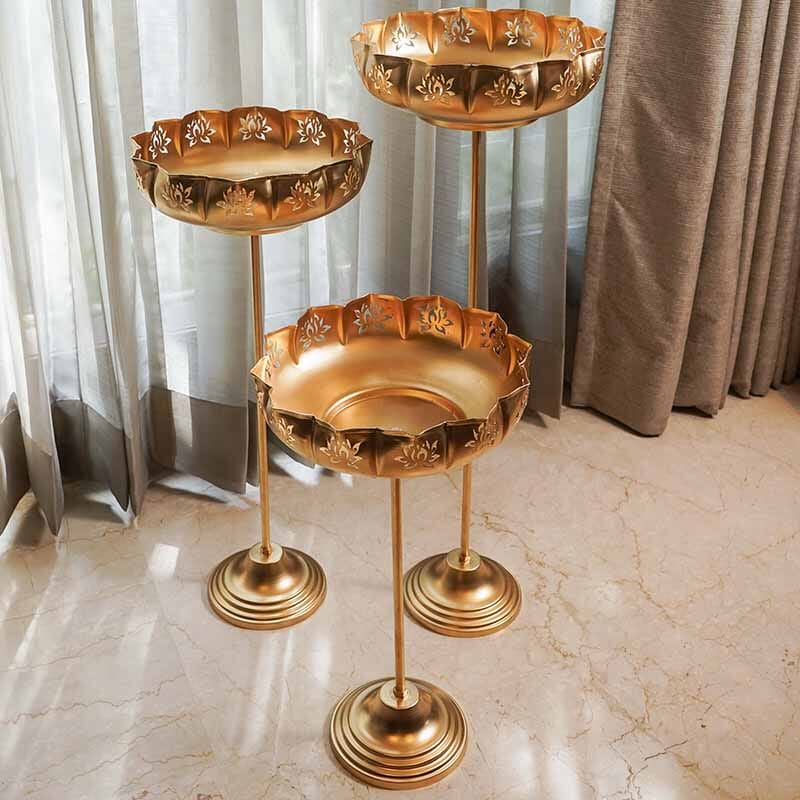Elegant Gold Lotus Urli with Stand (Tall)