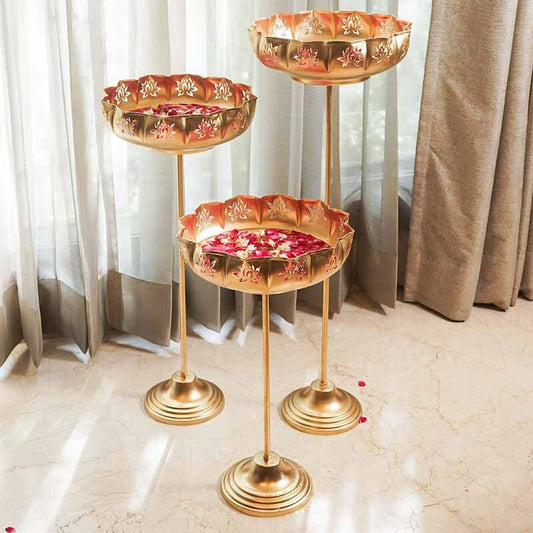 Elegant Gold Lotus Urli with Stand (Tall)