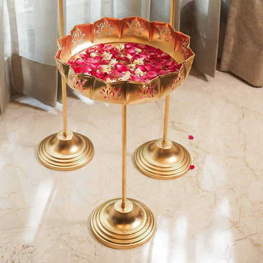 Elegant Gold Lotus Urli with Stand (Tall)