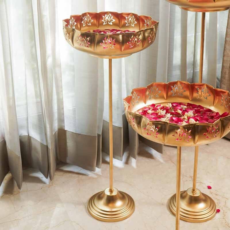 Elegant Gold Lotus Urli with Stand (Tall)