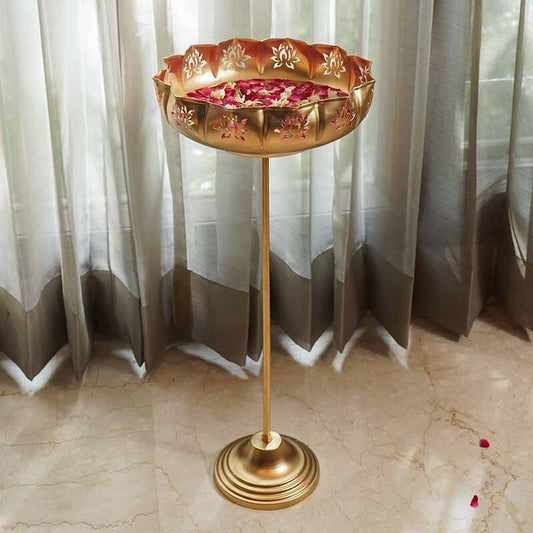 Elegant Gold Lotus Urli with Stand (Tall)