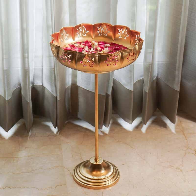Elegant Gold Lotus Urli with Stand (Tall)