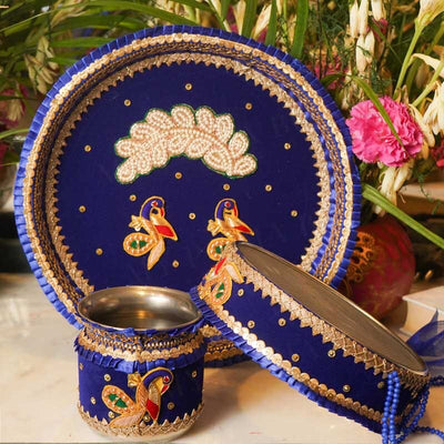 Dawn Blue Moonlight Velvet Karwa Chauth Thali Set
