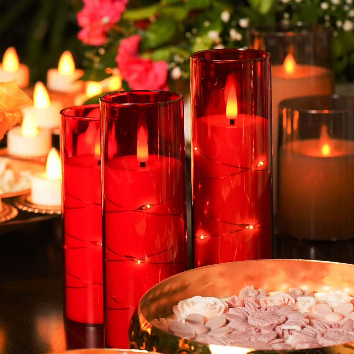 Acrylic Glass String Lights Red Led Candles with Remote (Set of 3)