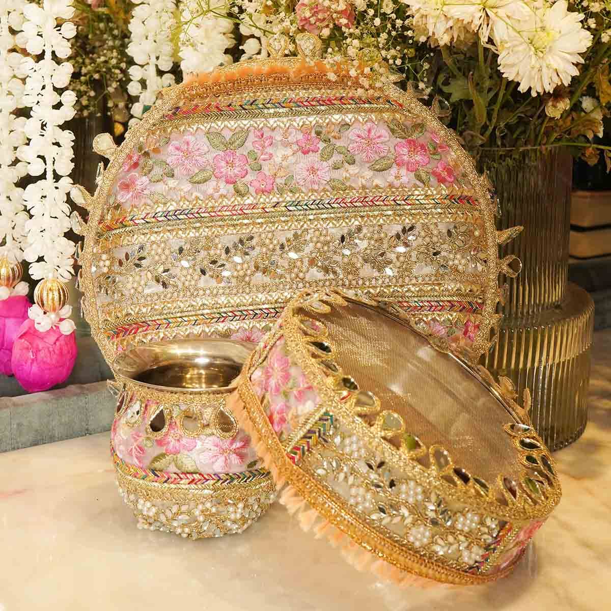 Shehnaaz Embellished Pink Karwa Chauth Thali Set
