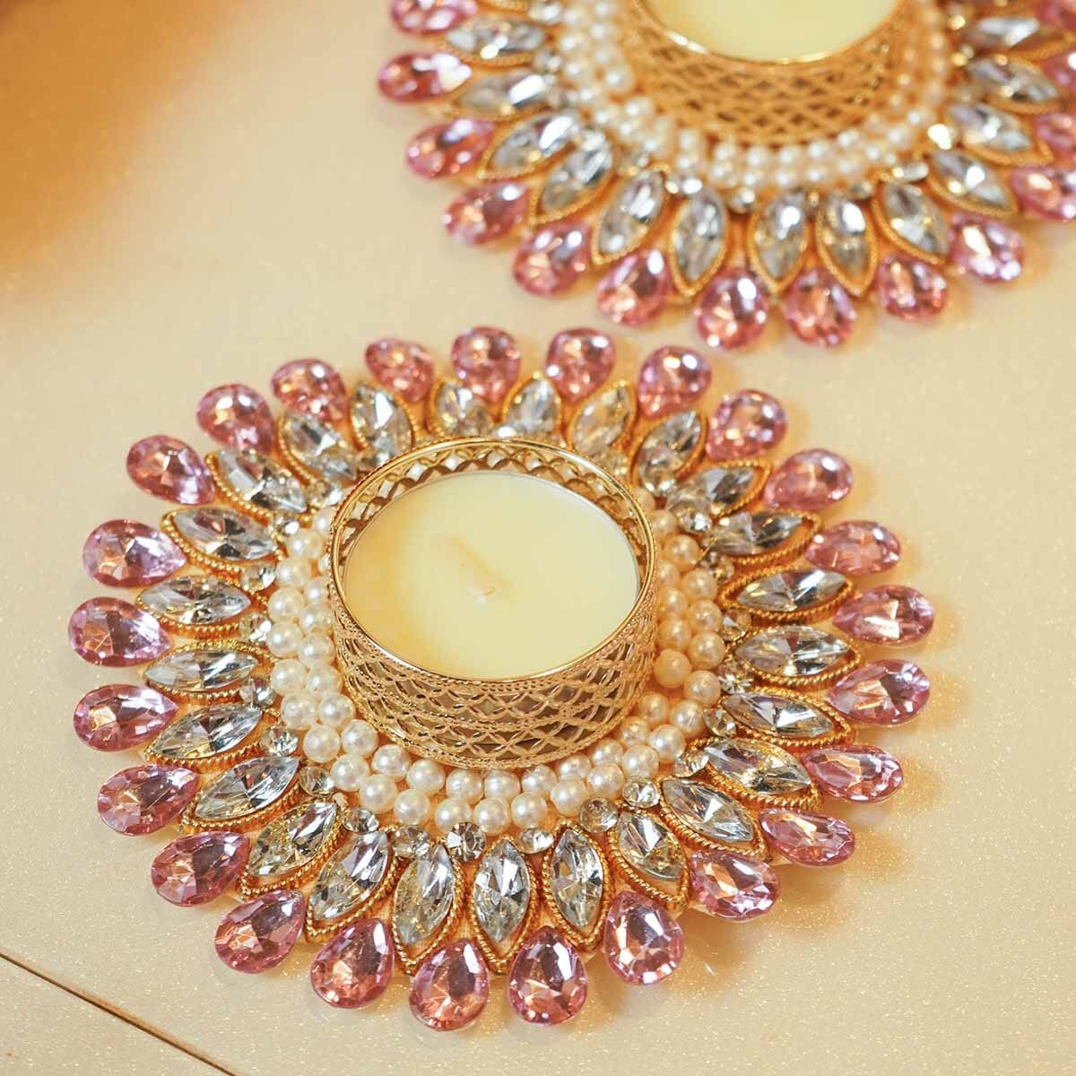 Festive Pink Beaded Decorative Tealight Holder