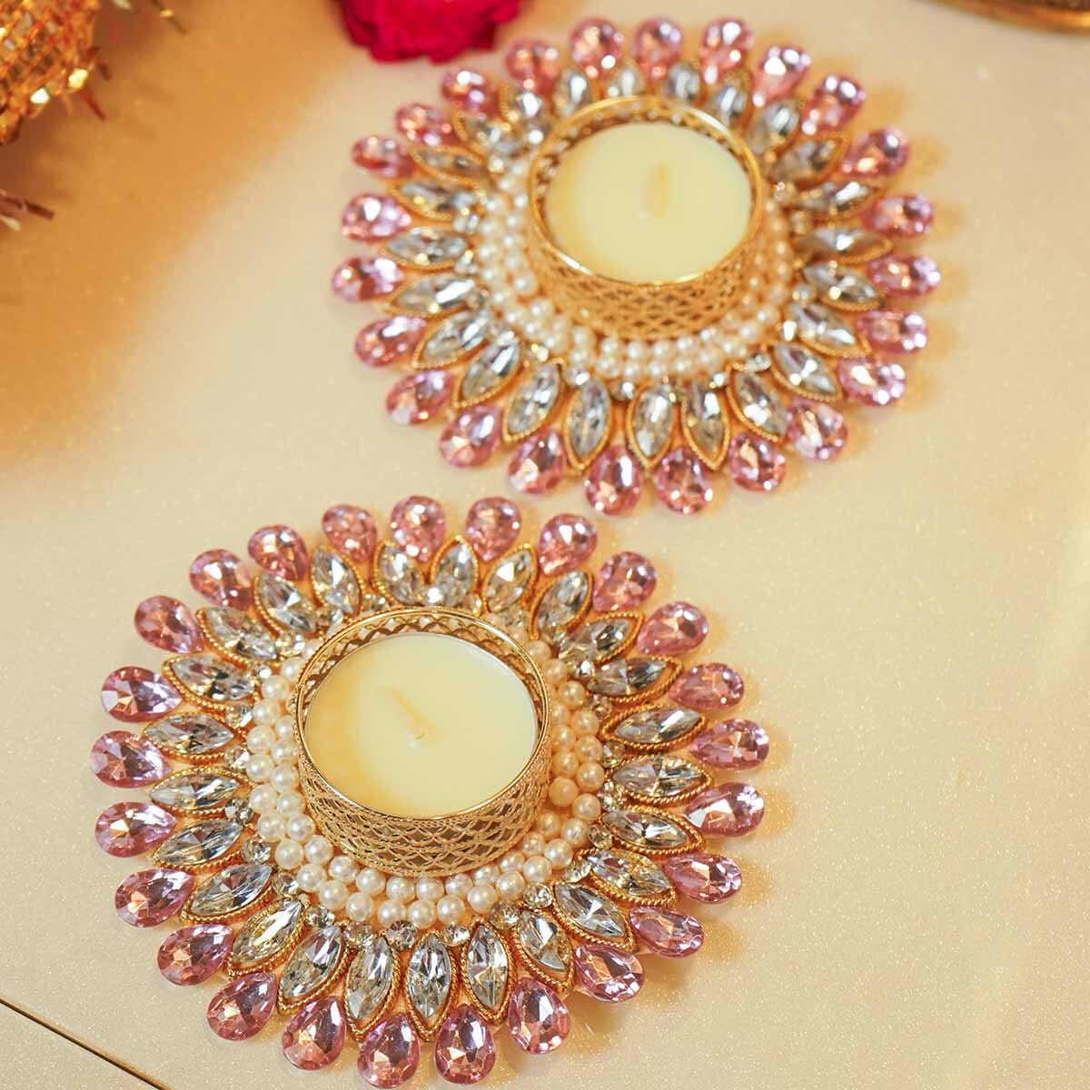 Festive Pink Beaded Decorative Tealight Holder