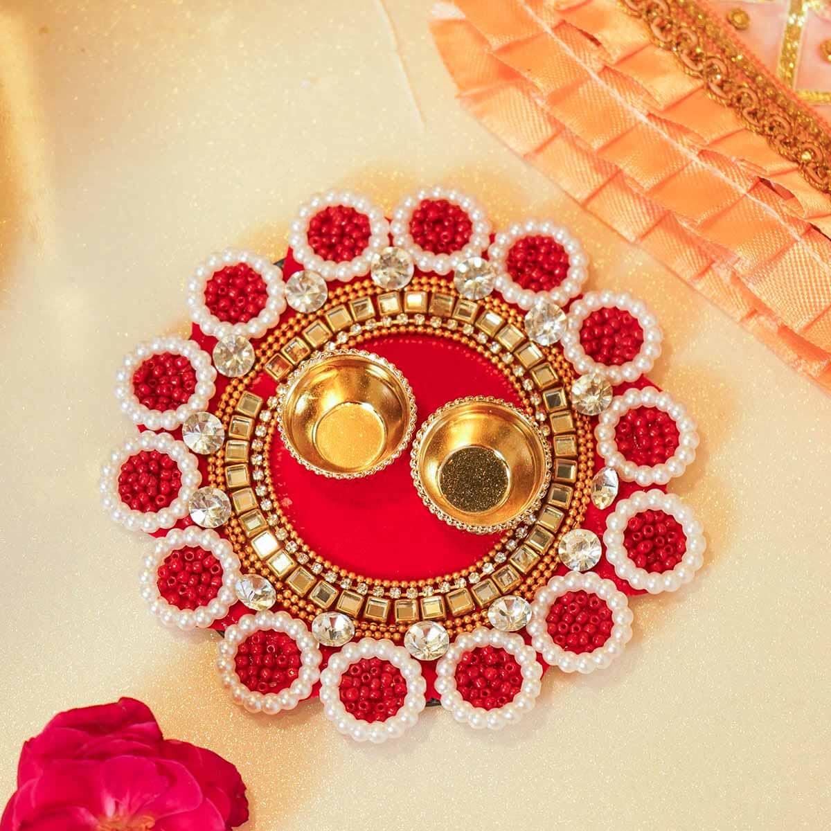 Red White Beaded Roli Akshat Mini Thali