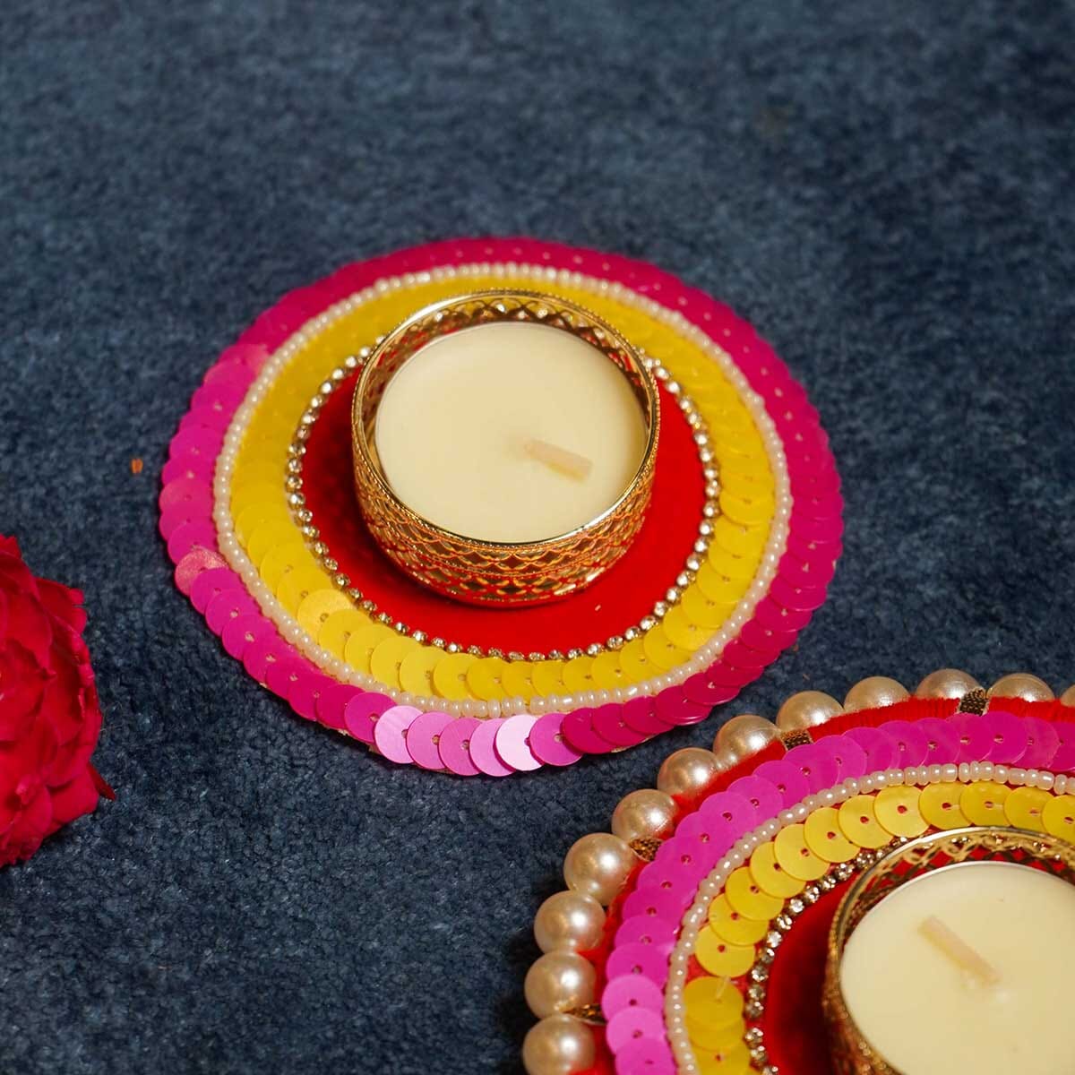 Festive Red Pink Yellow Diya Rangoli Set of 5