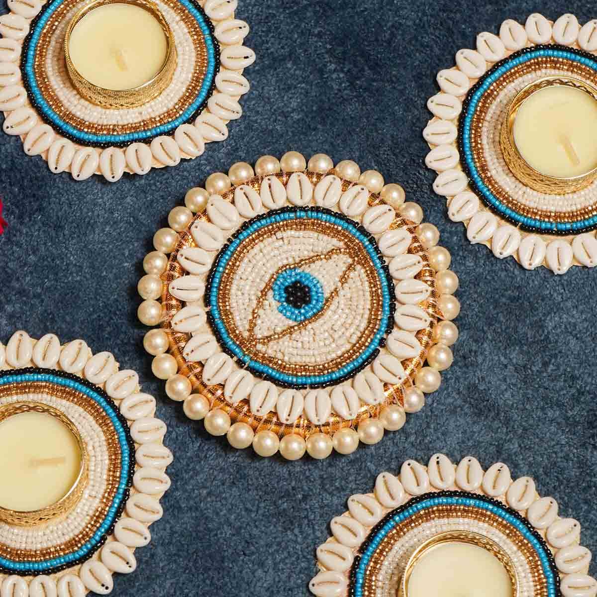 Festive Blue Evil Eye Decorative Diya Rangoli Set of 5