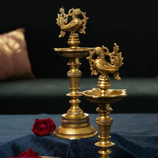 Handcrafted Brass Peacock Pillar Diya (Set of 2)