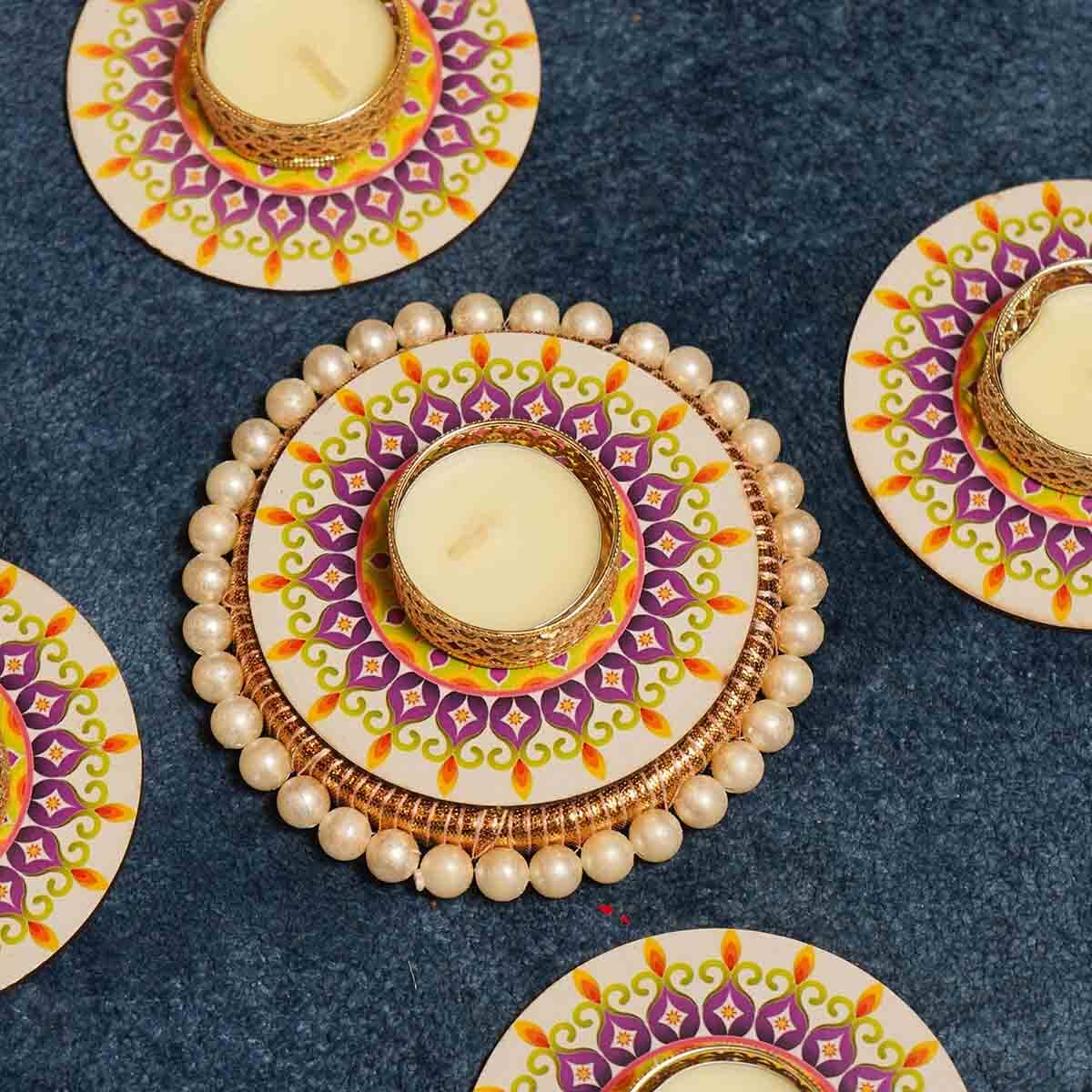 Festive Purple Yellow Decorative Diya Set of 5