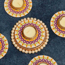 Festive Purple Yellow Decorative Diya Set of 5