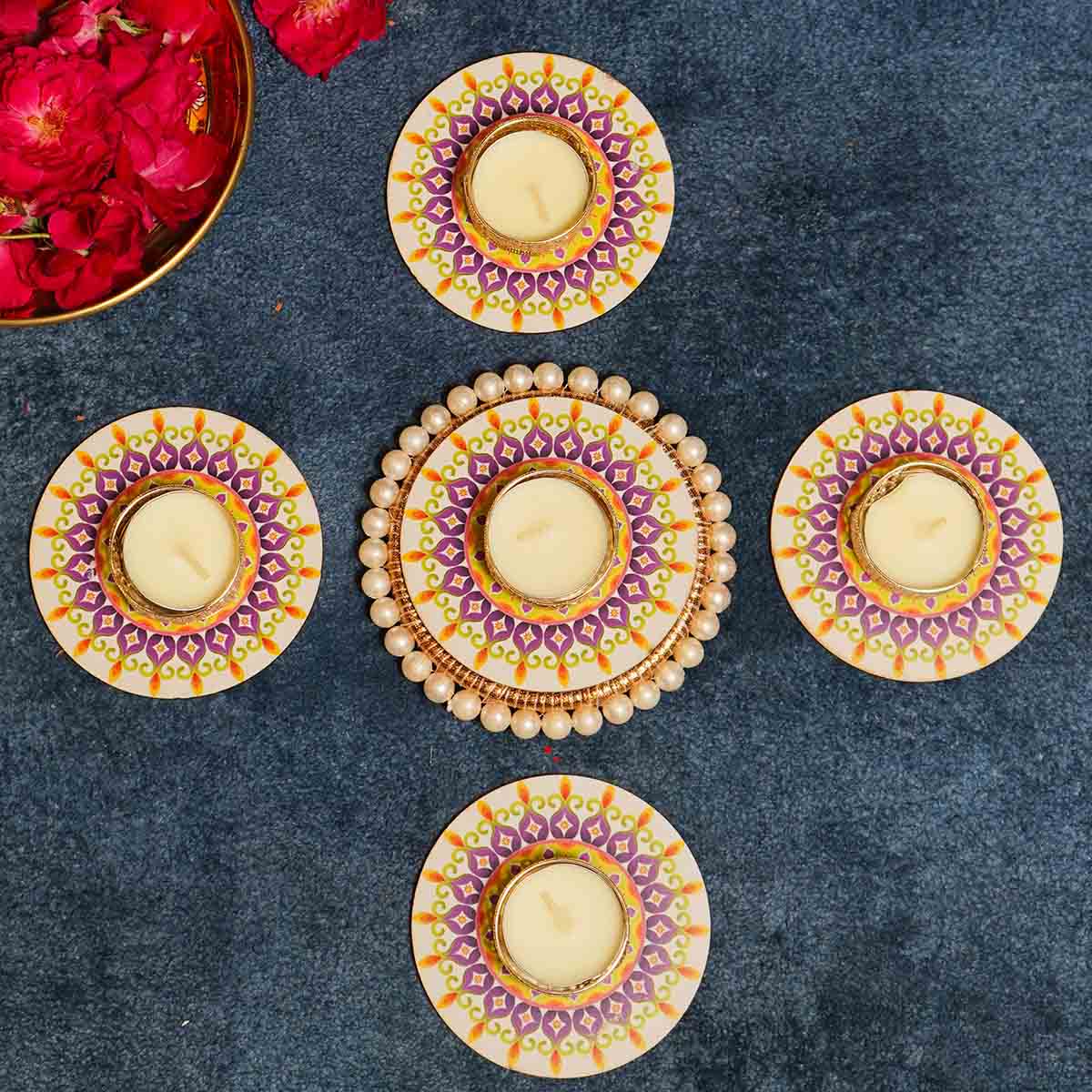 Festive Purple Yellow Decorative Diya Set of 5