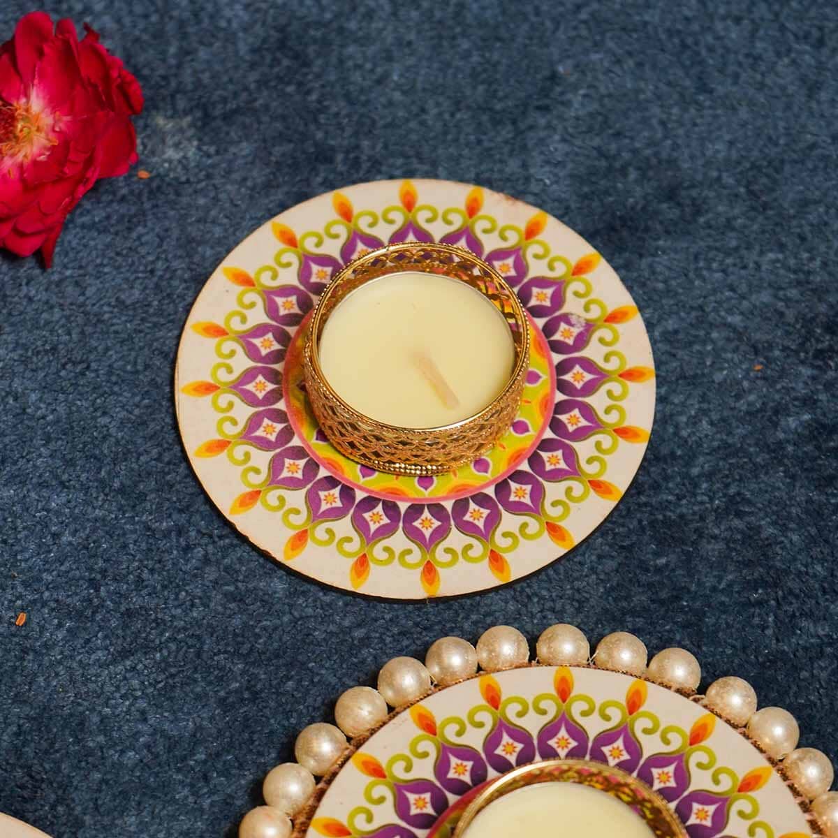 Festive Purple Yellow Decorative Diya Set of 5