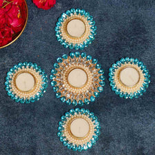 Festive Blue Beaded Decorative Diya Set of 5