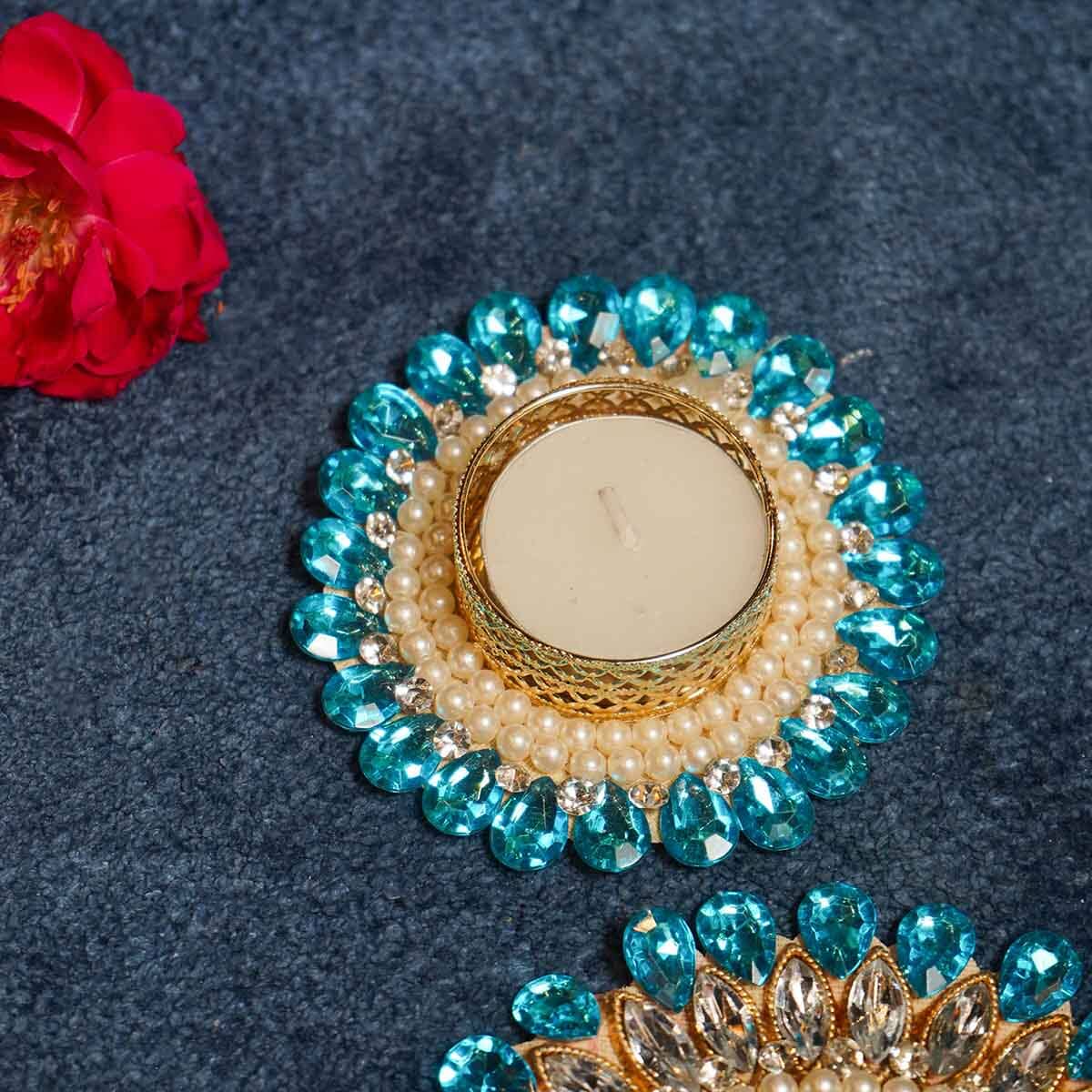 Festive Blue Beaded Decorative Diya Set of 5