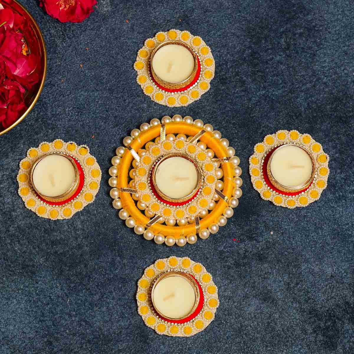 Festive Yellow Red Decorative Diya Set of 5