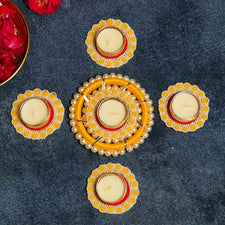 Festive Yellow Red Decorative Diya Set of 5